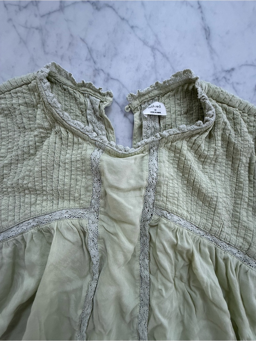 Aritzia Sage Green Textured Lace-Trim Blouse